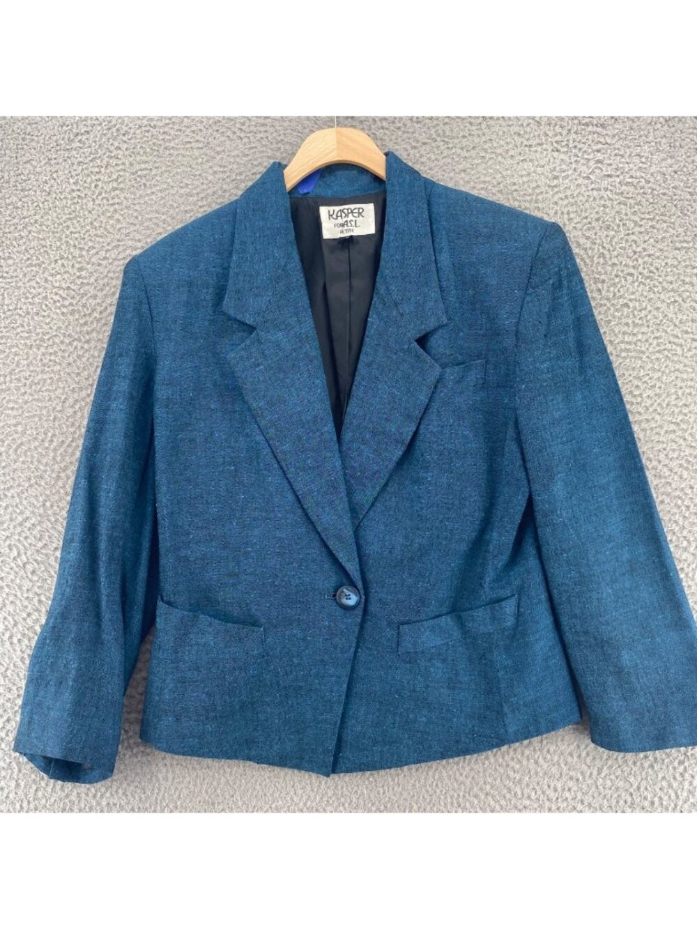Kasper Blazer Womens 10 Blue Linen Blend Notch Lapel Jacket Vintage Pocket Work*